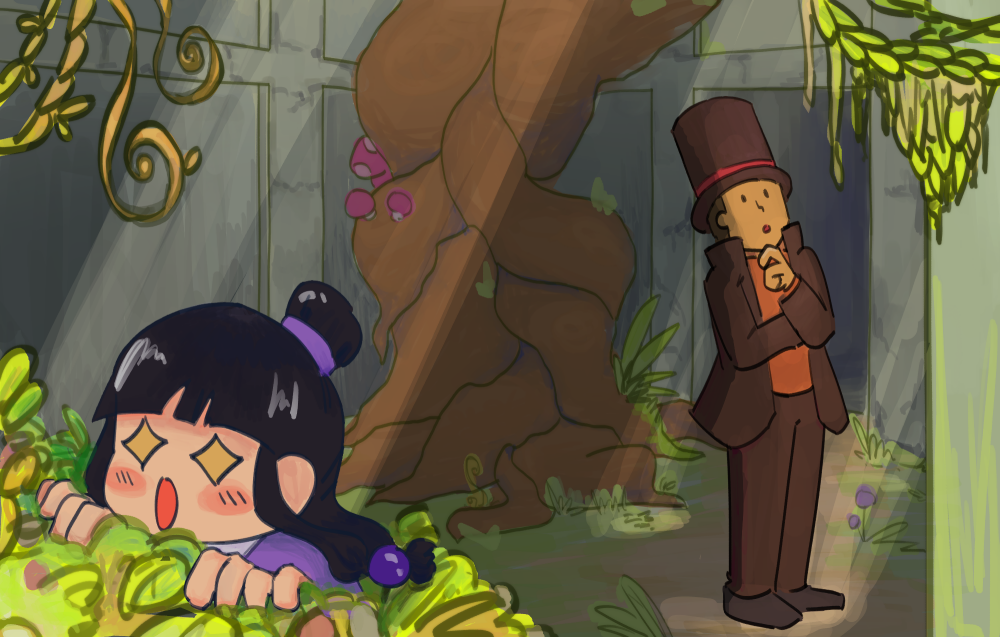 professor layton and maya from ace attorney inspecting a forest-like ruins. maya is excited as she looks at the lush green foliage bush in the foreground. professor layton is in the back, looking above at a ray of light shining through. the background is filled with old grey structures and a large twisted tree, alongside other strange vines and mushrooms and foliage around the top and bottom. there are a few rays of light shining through from the top right to the ground.